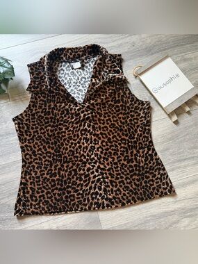 Timing Vintage 90s Leopard Cheetah Wet Look Velvet Sleeveless Collared Top. M